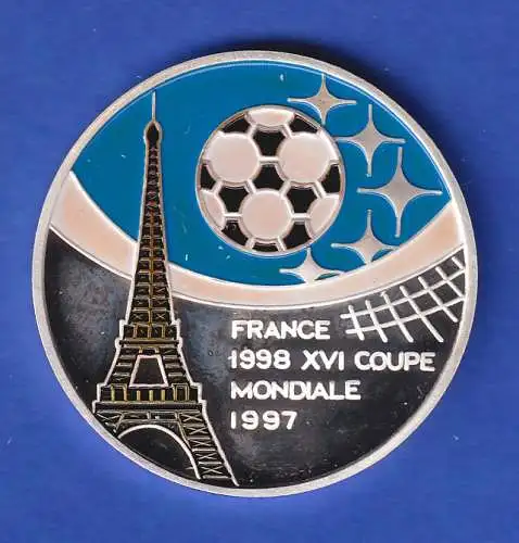 Benin 1997 Silbermünze mit Farbappl. 1000 Fr Fußball-WM FRANCE 98 Eiffelturm PP 