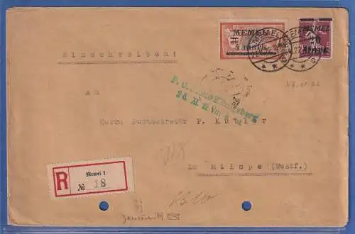 Memelgebiet 1922 Zensierter R-Brief O MEMEL gelaufen nach Milspe (Westf.)