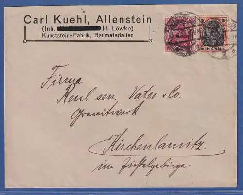 Dt. Abstimmungsgeb. Allenstein 1920 Mi.-Nr. 16, 20 in MiF auf Brief O ALLENSTEIN