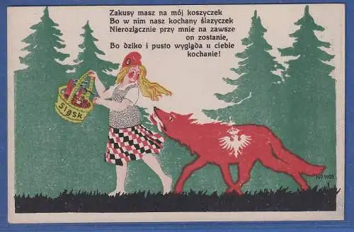 Schlesien Propaganda-Bildpostkarte Rotkäppchen und der böse (polnische) Wolf