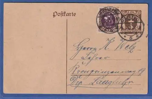 Danzig 1921 Wappen 5 Pfg Mi.-Nr. 53 als Zufrankatur auf GA Postkarte Mi.-Nr. P10