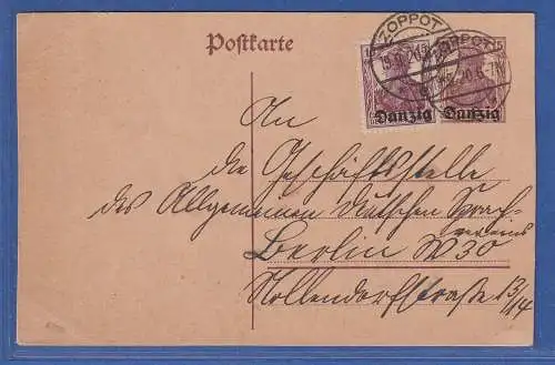 Danzig 1920 Mi.-Nr. 3 als Zufrankatur auf GA Postkarte Mi.-Nr. P2 O ZOPPOT