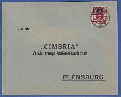 Danzig 1922 Wappen Aufdruck 6 Mark Mi.-Nr. 106 als EF auf Brief nach Flensburg