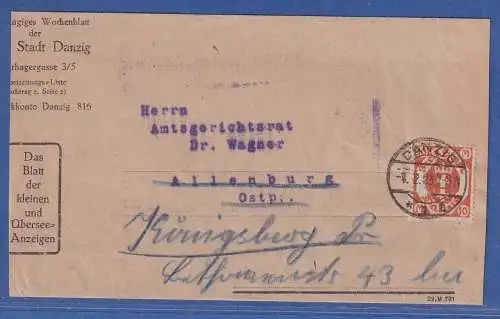 Danzig 1923 Wappen 10 Mark Mi.-Nr. 110 als EF auf Streifband O DANZIG 