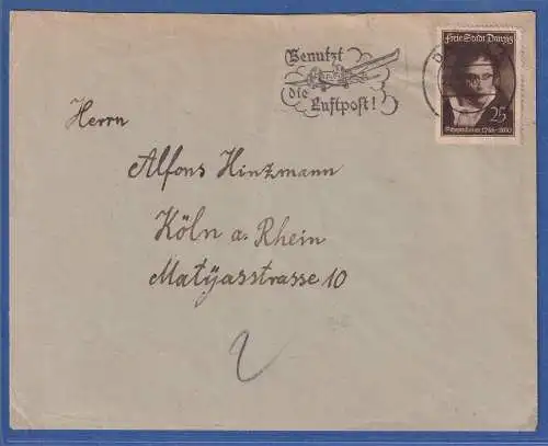 Danzig 1938 Mi.-Nr. 282 als EF auf Brief nach Köln mit Luftpost-Werbe-O