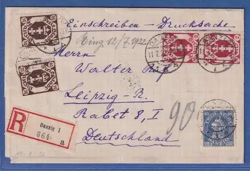 Danzig 1922 Mi.-Nr. 57, 74, 96 in MiF auf R-Brief O DANZIG nach Leipzig