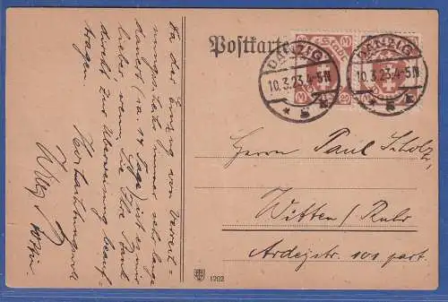 Danzig 1923 Wappen 20 Mark Mi.-Nr. 126 Paar als MEF auf Postkarte nach Witten