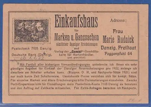 Danzig 1921 Mi.-Nr. 73 in MEF auf Werbe-Drucksache nach Rudolstadt gpr. INFLA