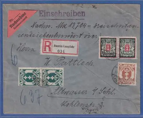 Danzig 1923 Mi.-Nr. 128 u.a. in MiF auf Nachnahme-R-Brief O DANZIG-LANGFUHR