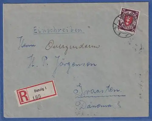 Danzig 1928 Wappen 75 Pfg Mi.-Nr. 201xa als EF auf R-Brief nach Graasten (DK)