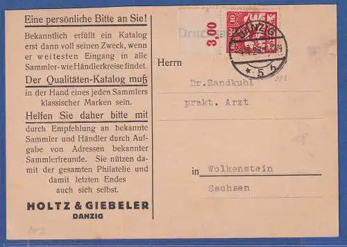 Danzig 1928 Wappen 10 Pfg Mi.-Nr. 202 auf Drucksache O DANZIG nach Wolkenstein