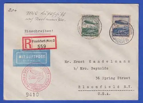 Dt. Reich 1936 Zeppelinpost Mi-Nr. 606-607 auf R-LP-Brief O FRANKFURT nach USA 