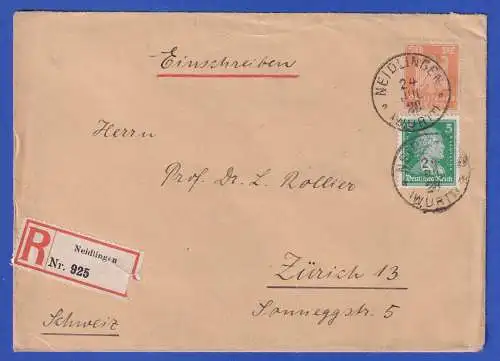 Dt. Reich 1928 Mi-Nr. 361 u.a. in MiF O NEIDLINGEN auf R-Auslandsbrief n. Zürich