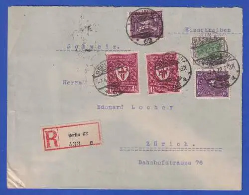 Dt. Reich 1922 Mi.-Nr. 199 u.a. in MiF O BERLIN auf Zensur-R-Brief nach Zürich