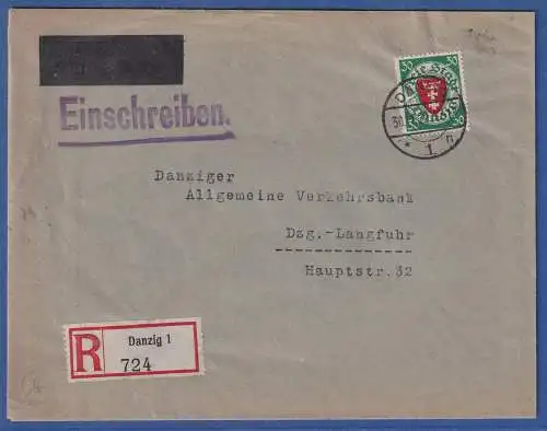 Danzig 1929 Wappen 30 Pfg Mi.-Nr. 198xaa als EF auf R-Brief O DANZIG