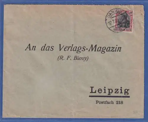 Danzig Germania 40 Pfg als Mitläufer auf Brief aus Danzig nach Leipzig 12.7.20