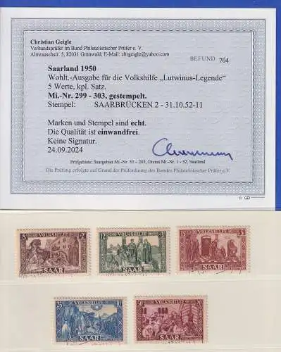 Saarland 1950 Volkshilfe Mi-Nr. 299-303 O SAARBRÜCKEN Befund GEIGLE BPP