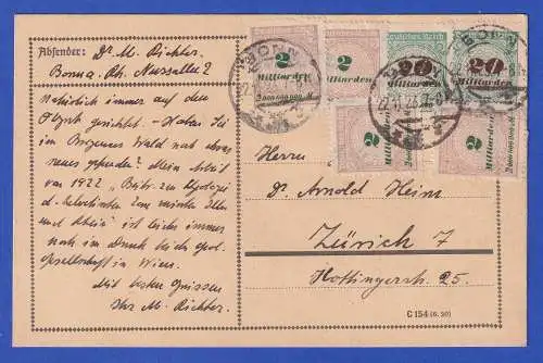 Dt. Reich 1923 Mi.-Nr. 326A, 329A in MiF O BONN auf Postkarte nach Zürich