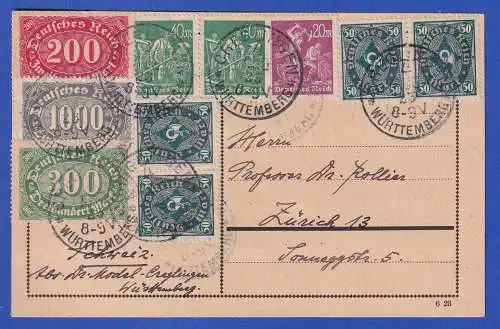 Dt. Reich 1923 Infla Postkarte mit div. Werten O CREGLINGEN gel. nach Zürich