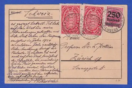 Dt. Reich 1923 Mi.-Nr. 257 u.a. in MiF auf Postkarte O CREGLINGEN nach Zürich