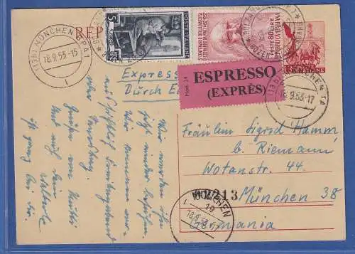 Italien 1953 GA Express-Postkarte mit Zufrankatur O BOLZANO nach München