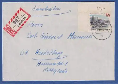 Berlin 1968 Mi.-Nr. 265 Eckrandstück OL als EF a. R-Brief O BERLIN n. Heidelberg