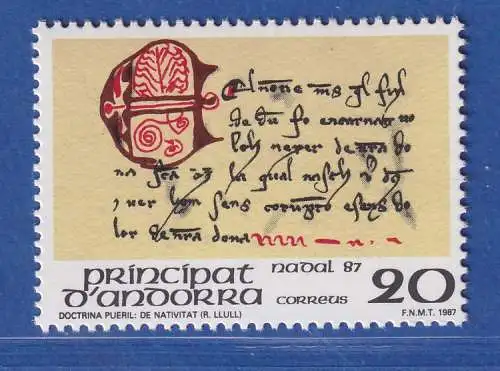 Andorra span. 1988 Mi.-Nr. 198 Handschrift aus Doctrina pueril R. LLull ** / MNH