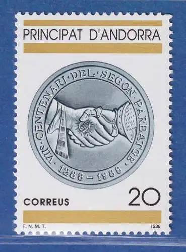 Andorra span. 1988 Mi.-Nr. 203 Parèage-Vertrag Goldmünzen mit Händedruck **/ MNH