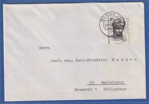 Berlin 1968 Mi.-Nr. 306 als EF auf Brief O BERLIN nach Heidelberg