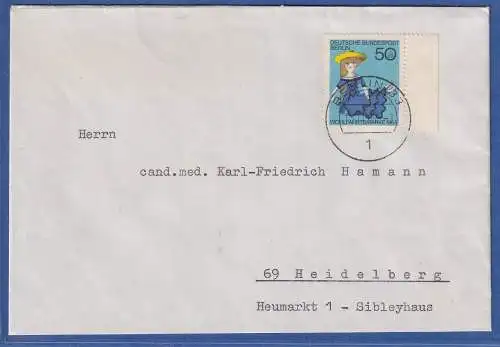 Berlin 1968 Mi.-Nr. 325 Seitenrandstück als EF a. Brief O BERLIN nach Heidelberg