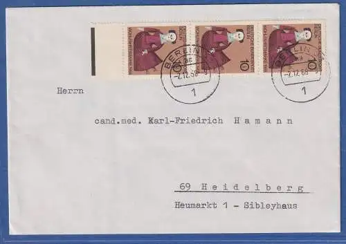 Berlin 1968 Mi.-Nr. 320 Dreierstreifen als MEF a. Brief O BERLIN nach Heidelberg