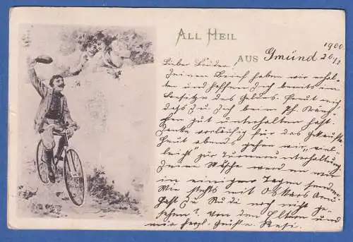 Alte AK Österreich grüssender Radfahrer All Heil aus Gmünd gelaufen 1900
