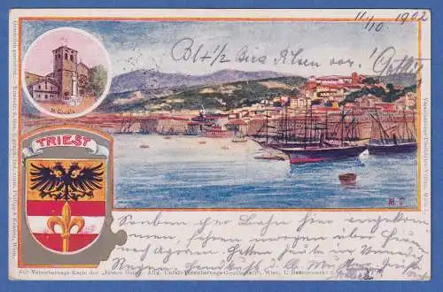 Alte AK Österreich Triest vom Hafen, Wappen, gel.1902