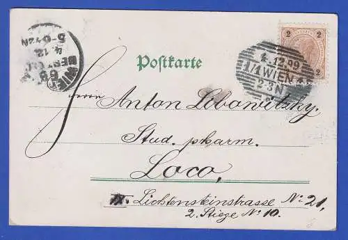 Österreich 1899 Achteck-O WIEN auf Bildpostkarte Blütenzweig mit Vogel