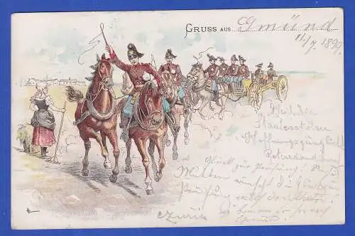 Österreich 1899 Achteck-O GMÜND auf Bildpostkarte Soldaten zu Pferde