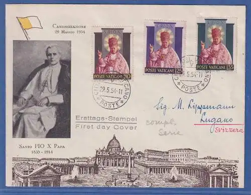 Vatikan 1954 Pius X. Mi.-Nr. 220-222 auf FDC O CITTA DEL VATICANO nach Lugano CH