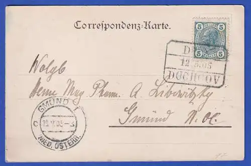 Österreich 1905 Achteck-O DUX / DUCHCOV auf 5-Heller-Frankatur auf AK Teplitz