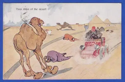 Österreich 1905 Humoristische Bildpostkarte Autofahrerkarikatur 2 Wüstenschiffe