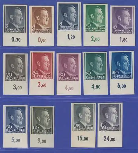 Dt. Bes. 2.WK Generalgouvernement 14 Werte Hitler ungezähnt Unterrandstücke ** 