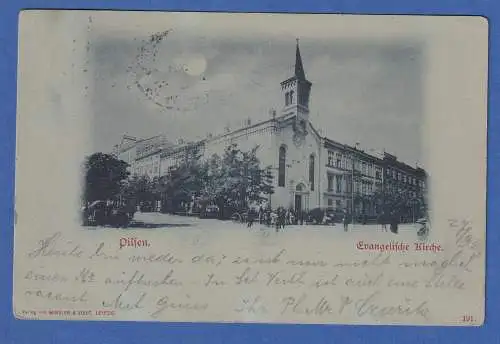 Alte AK Österreich Pilsen Evangeliche Kirche im Mondschein gel.1910