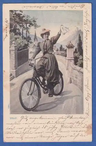 Alte AK Österreich Allheil-Damen mit Taschentuch auf Fahrrad  gel.1900