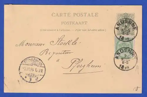 Belgien 1894 GA Postkarte mit Zufrankatur O ANDENNE nach Pforzheim