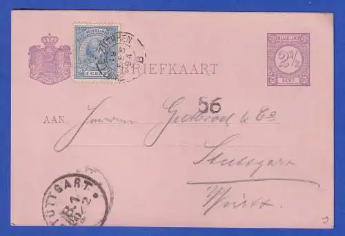 Niederlande 1894 GA Postkarte mit Zufrankatur O ZWOLLE-ZUTPHEN nach Stuttgart