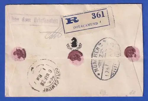 Britisch-Indien 1928 R-Brief O OOTACAMUND (Udagamandalam) nach München