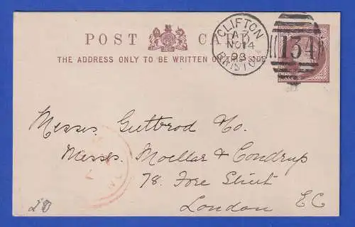 Großbritannien 1893 GA (Werbe-)Postkarte O CLIFTON (Bristol) nach London