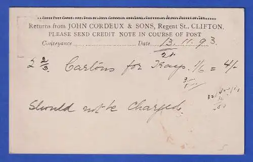Großbritannien 1893 GA (Werbe-)Postkarte O CLIFTON (Bristol) nach London