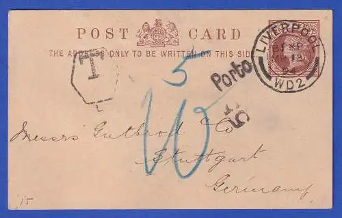 Großbritannien 1894 Nachtaxierte GA Postkarte O LIVERPOOL nach Stuttgart