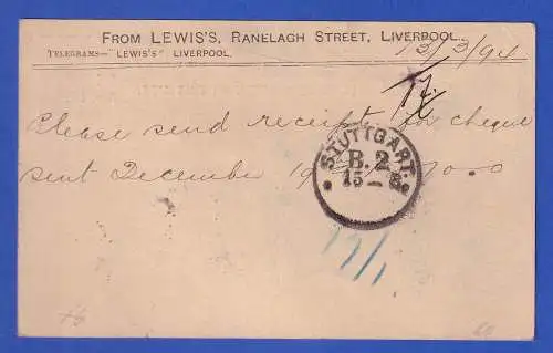 Großbritannien 1894 Nachtaxierte GA Postkarte O LIVERPOOL nach Stuttgart