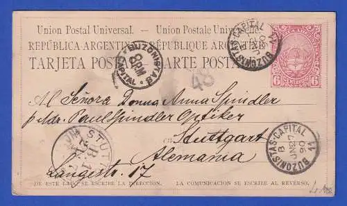 Argentinien 1890 GA Postkarte O BUSONISTAS CAPITAL nach Stuttgart