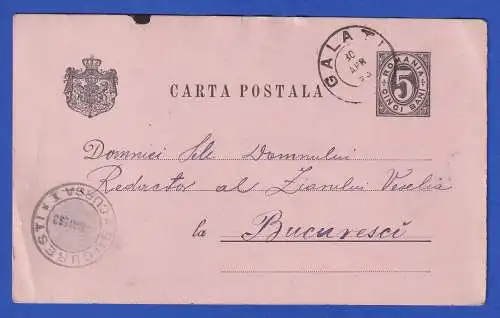 Rumänien 1893 GA Postkarte O GALATI nach Bukarest